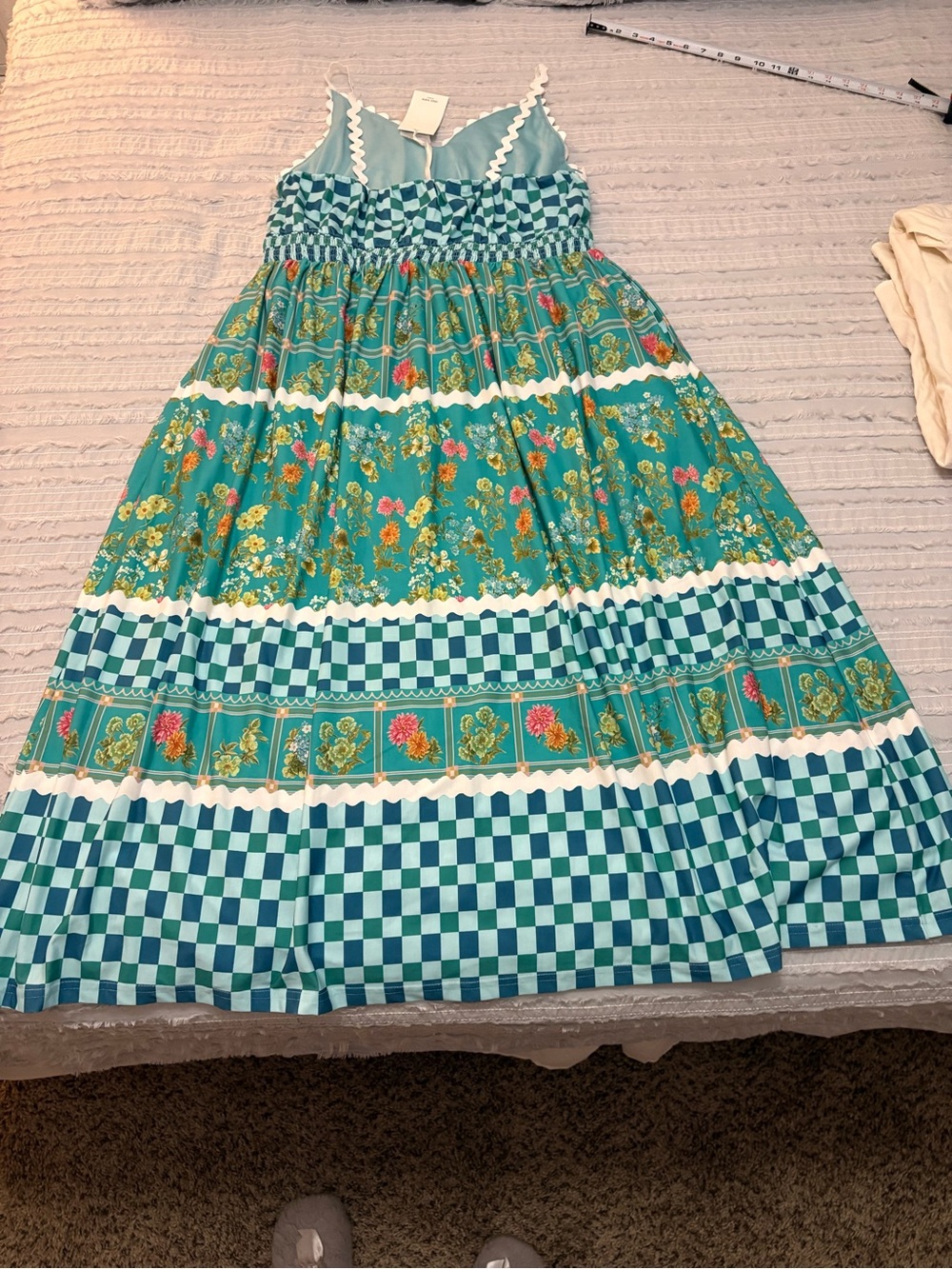 Grace Karin Turquoise Blue Floral Checkered Maxi Dress-measurements in photos - Picture 8 of 9